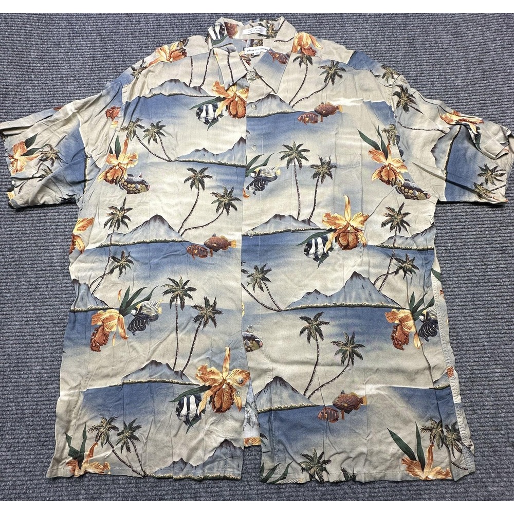 Vintage Pierre Cardin Shirt Mens 2XL Hawaiian Rayon Floral Palm Trees Fish Beach